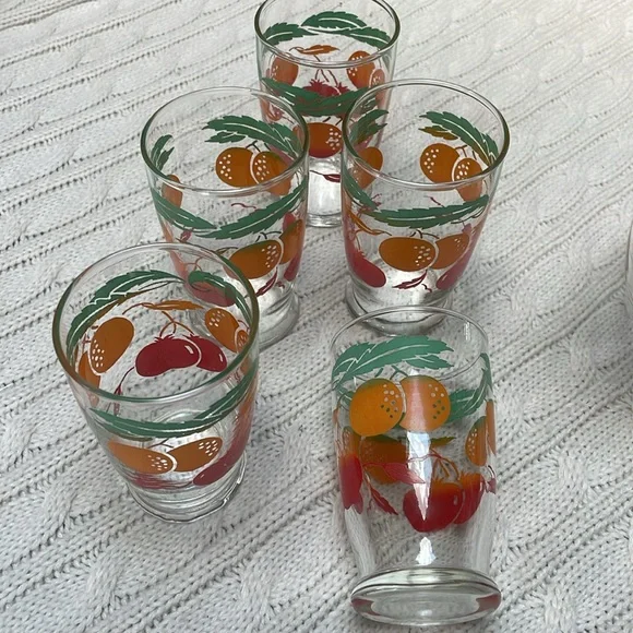 VTG 1950s Anchor Hocking 40oz Juice pitcher & five 4oz glasses orange tomato - Picture 6 of 11